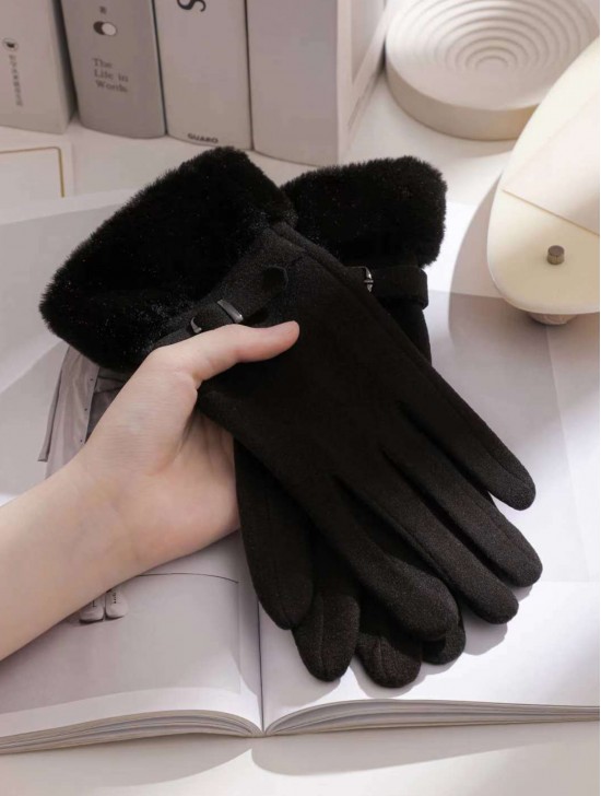 Solid Colour Gloves W Faux Fur Trim 