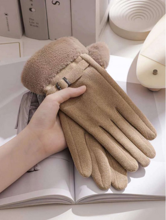 Solid Colour Gloves W Faux Fur Trim 