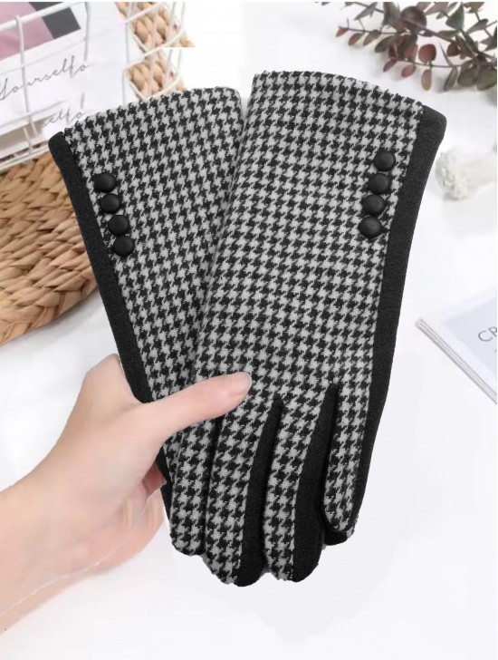 Houndstooth Design Touch Screen Gloves W/ Button Detailing