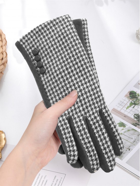 Houndstooth Design Touch Screen Gloves W/ Button Detailing