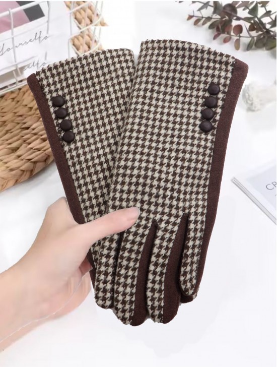Houndstooth Design Touch Screen Gloves W/ Button Detailing