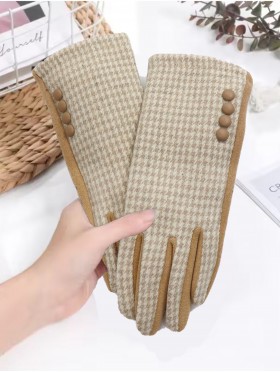Houndstooth Design Touch Screen Gloves W/ Button Detailing