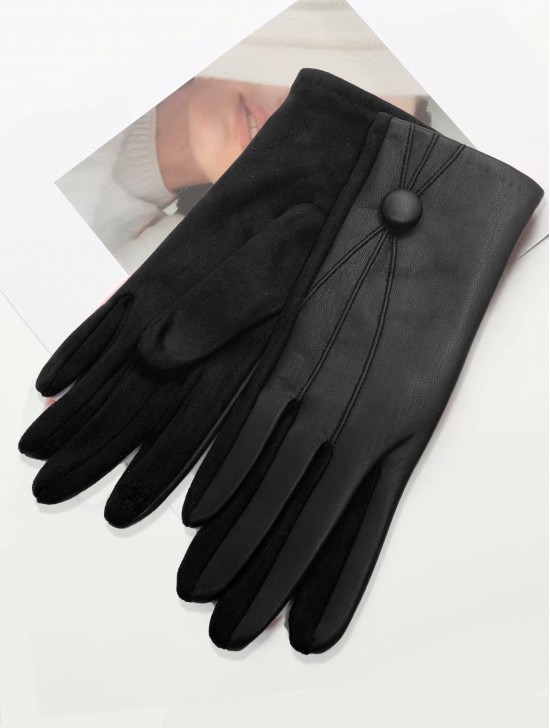 PU Touch Screen Gloves W/ Button Detailing