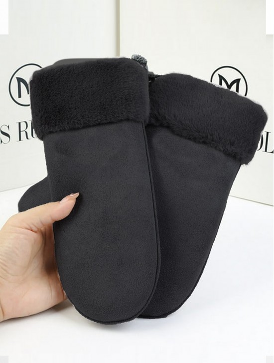 Suede Mittens W/ Fur Trim
