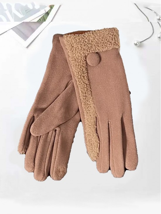 Fashion Touch Screen Gloves with Faux Fur Trim and Button 