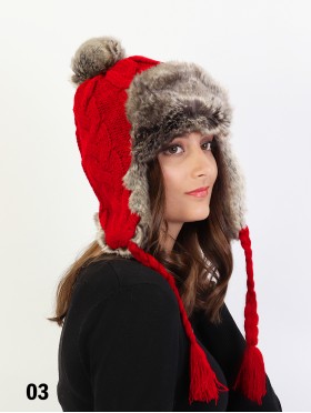 Warm Fur Cable Knitted Hat W/ Ear Flaps & Cable Tassels