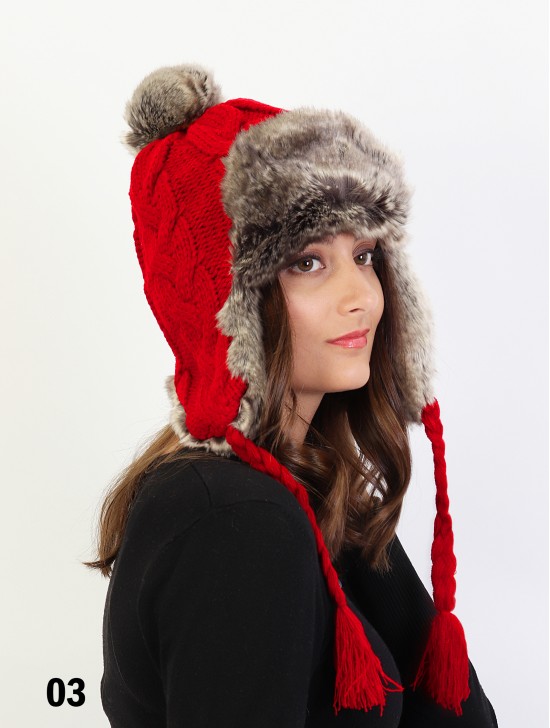 Warm Fur Cable Knitted Hat W/ Ear Flaps & Cable Tassels