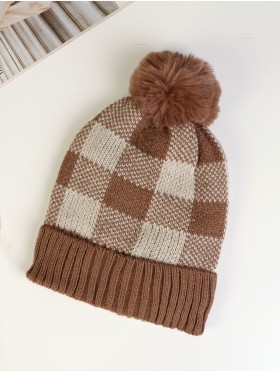 Super Soft Knitted Checker Hat W/ Pom Pom (Plush Inside)