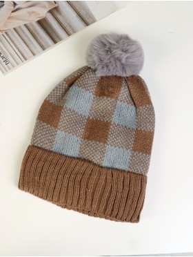Super Soft Knitted Checker Hat W/ Pom Pom (Plush Inside)