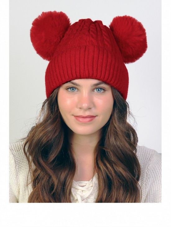 Double Pom Pom Knitted Hat (Plush Inside)