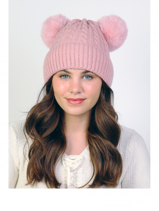 Double Pom Pom Knitted Hat (Plush Inside)