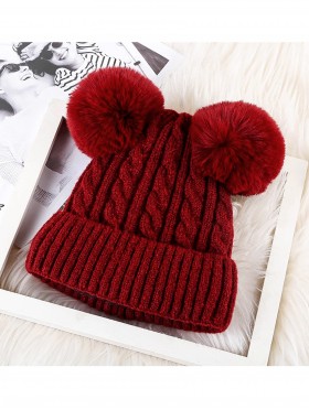 Kids Double Pom Pom Knitted Hat (Plush Inside)