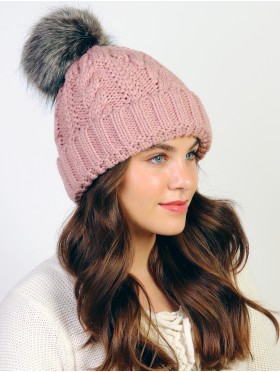 Cable Knitted Camp Hat W/ Pompom (Plush Inside)