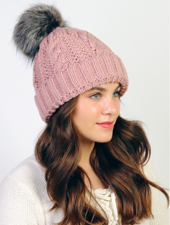 Cable Knitted Camp Hat W/ Pompom (Plush Inside)
