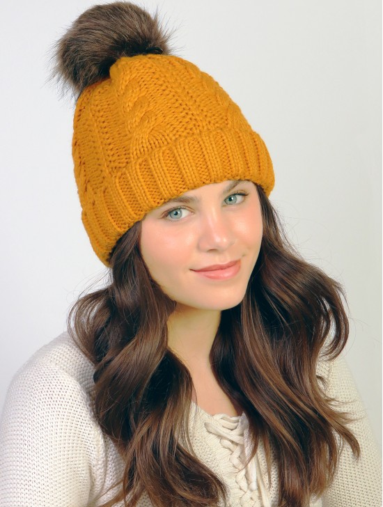 Cable Knitted Camp Hat W/ Pompom (Plush Inside)
