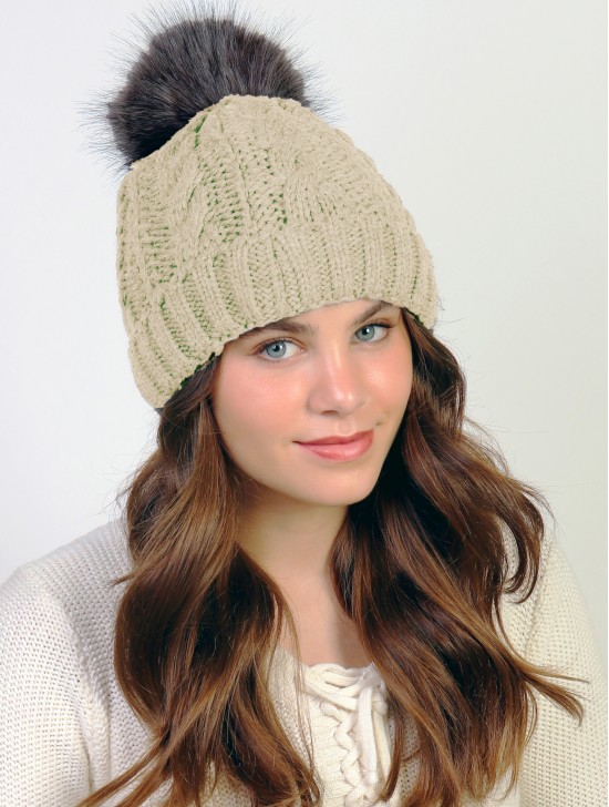 Cable Knitted Camp Hat W/ Pompom (Plush Inside)
