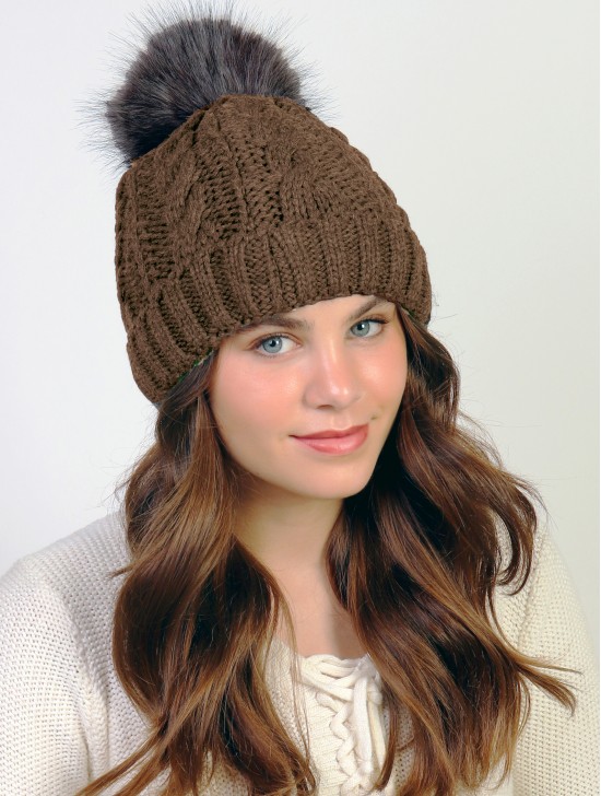 Cable Knitted Camp Hat W/ Pompom (Plush Inside)