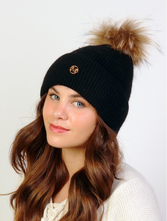 Cashmere Feeling Knitted Hat W/ Fur Pom Pom