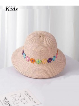 Kid's Woven Sun Hat W/ Flowers