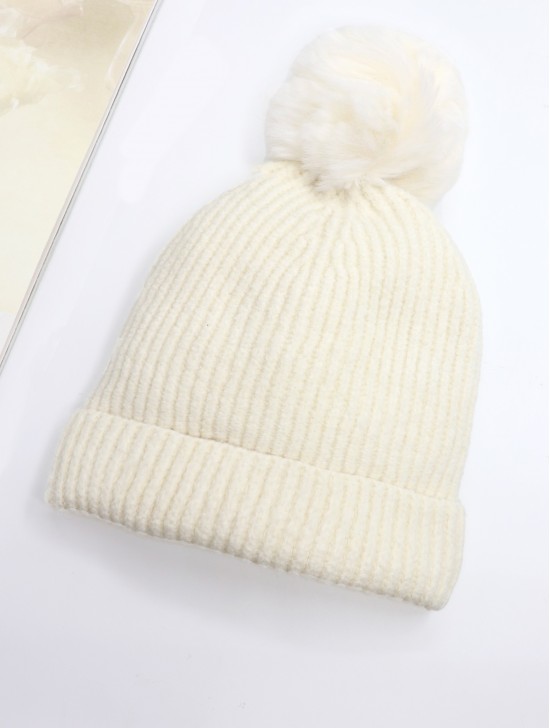 Knitted Lined Hat With Removable Pompom
