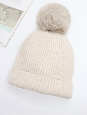 Knitted Lined Hat With Removable Pompom