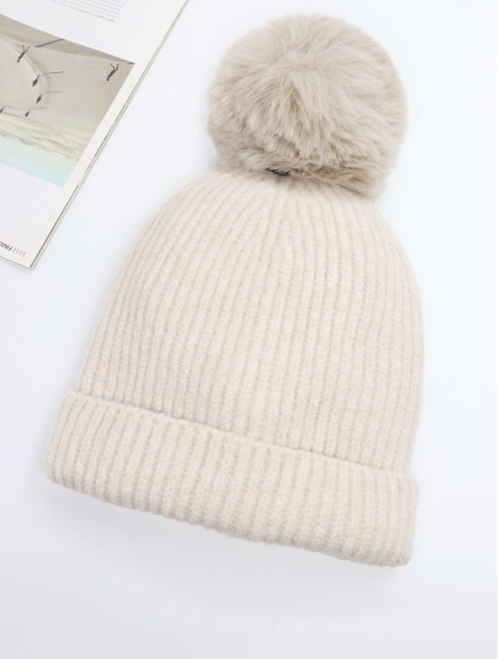 Knitted Lined Hat With Removable Pompom