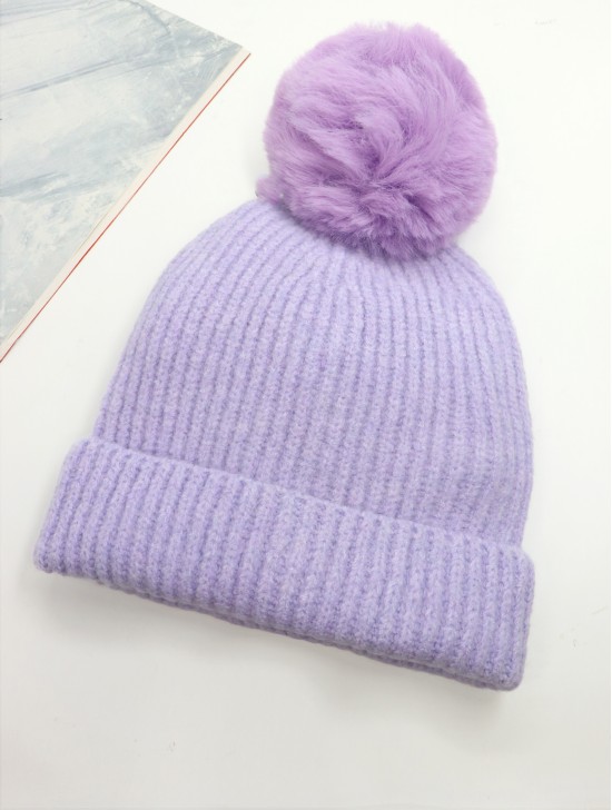 Knitted Lined Hat With Removable Pompom