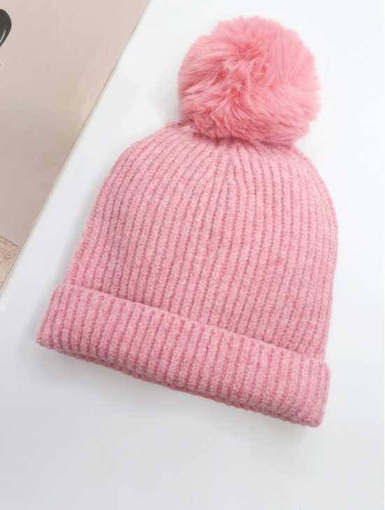Knitted Lined Hat With Removable Pompom