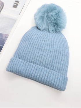 Knitted Lined Hat With Removable Pompom