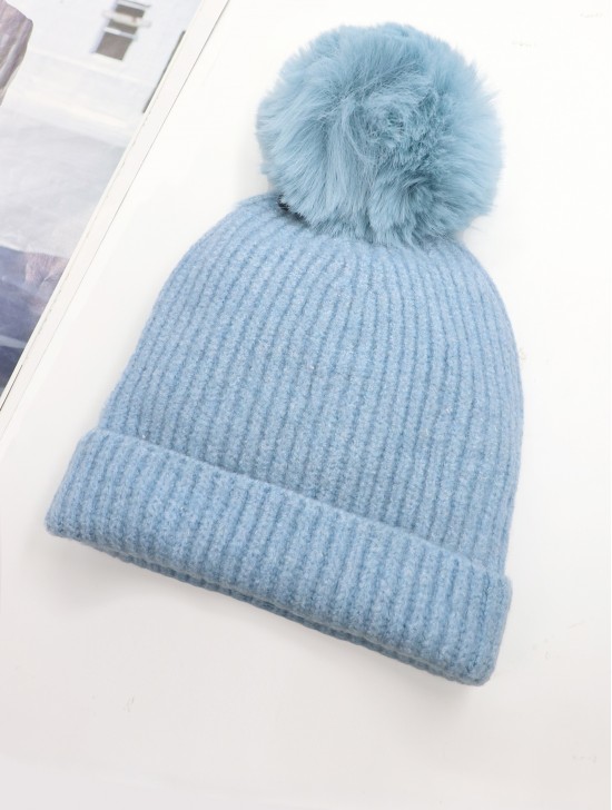 Knitted Lined Hat With Removable Pompom
