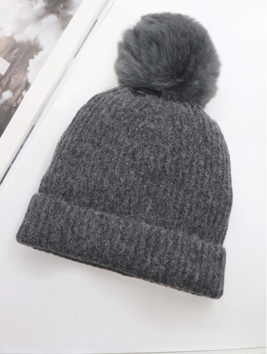 Knitted Lined Hat With Removable Pompom
