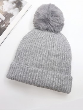 Knitted Lined Hat With Removable Pompom