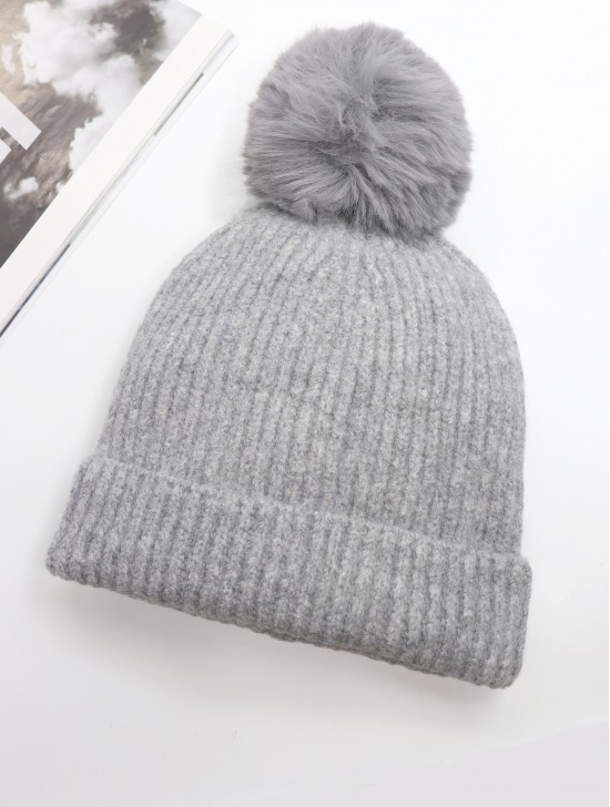 Knitted Lined Hat With Removable Pompom