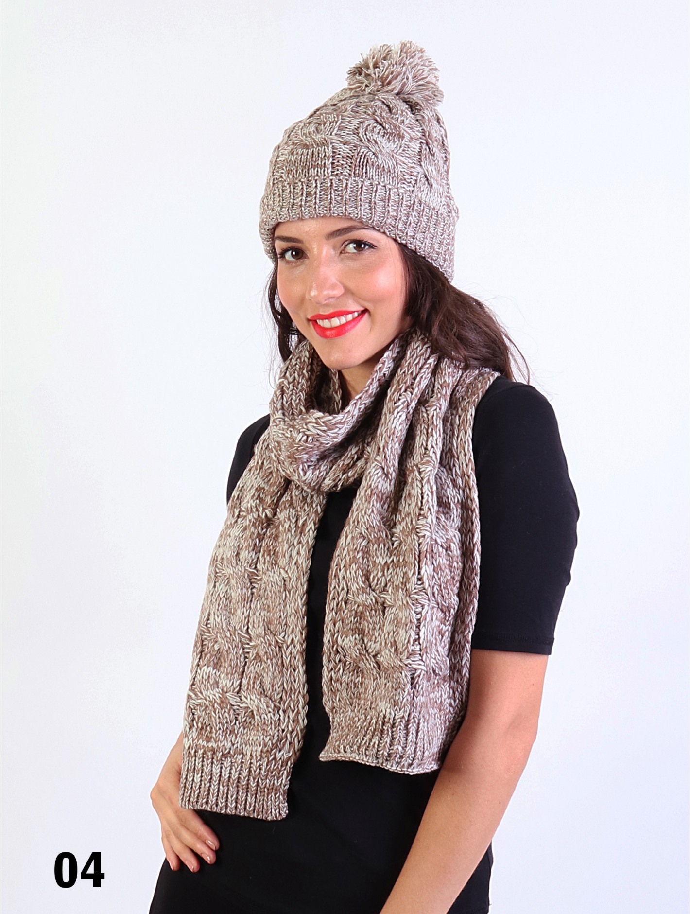 Fashion Knitted Matching Set W/ Pom Pom (Scarf, Fleeced Hat)