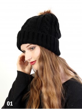 Cable Knitted Hat W/ Removable Pom Pom (Plush Inside)
