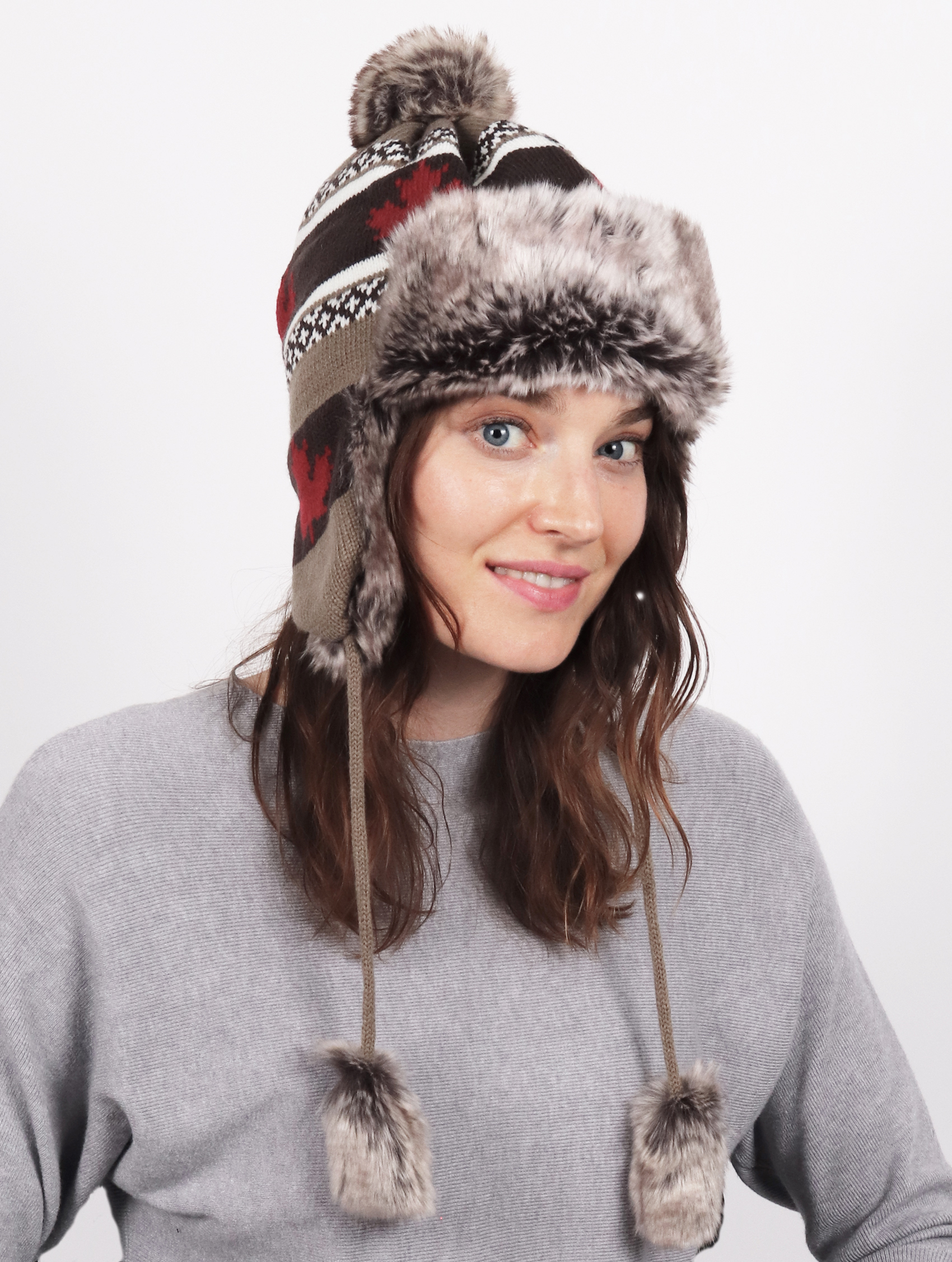 Buffalo Canadiana Warm Fur Maple Leaf Knitted Hat W/ Ear Flaps & Fur