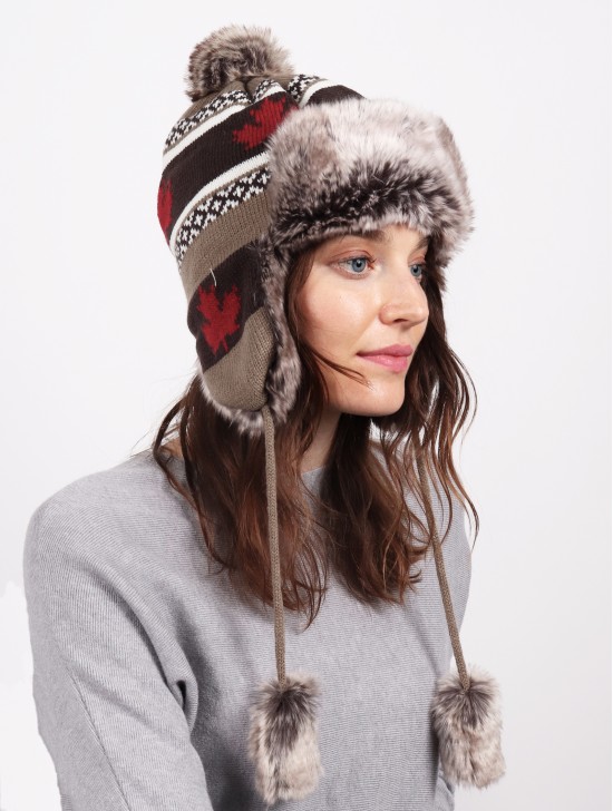 Warm Fur Maple Leaf Knitted Hat W/ Ear Flaps & Fur Tassels