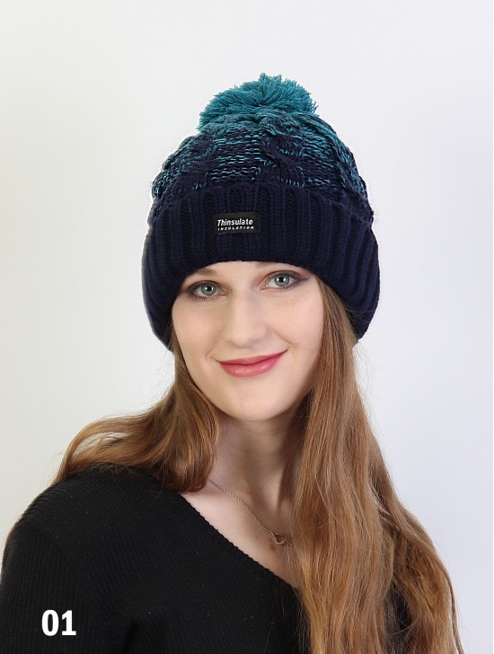 Two Tone Cable Knitted Hat W/ Pom Pom (Plush Inside)