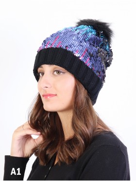 Sequin Scale “Color Changing”  Knitted Hat With Pom Pom (Plush inside)