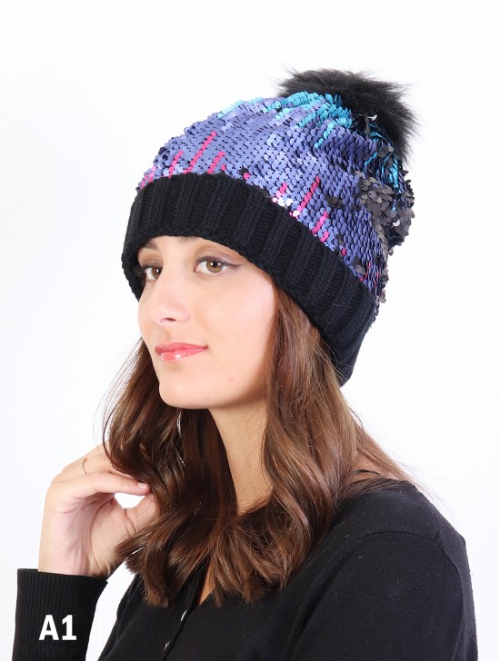 Sequin Scale “Color Changing”  Knitted Hat With Pom Pom (Plush inside)