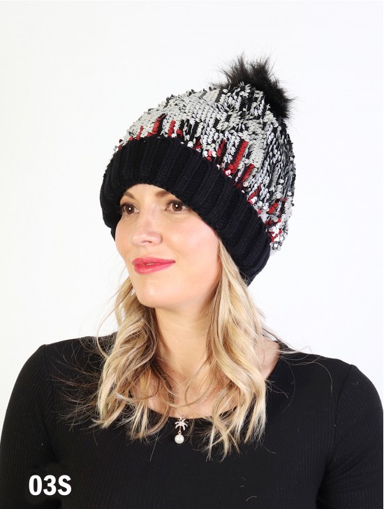 Sequin Scale “Color Changing”  Knitted Hat With Pom Pom (Plush inside)