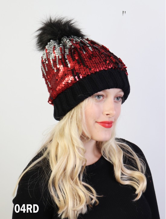 Sequin Scale “Color Changing”  Knitted Hat With Pom Pom (Plush inside)