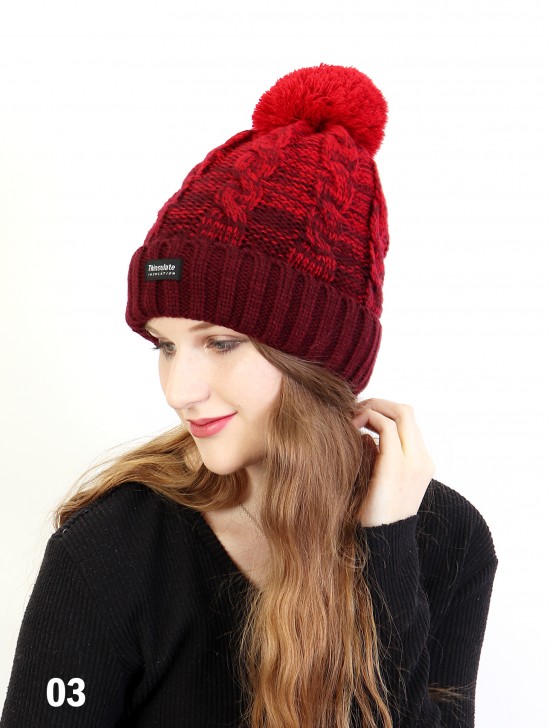 Two Tone Cable Knitted Hat W/ Pom Pom (Plush Inside) Two Tone Cable Knitted Hat W/ Pom Pom (Plush Inside)