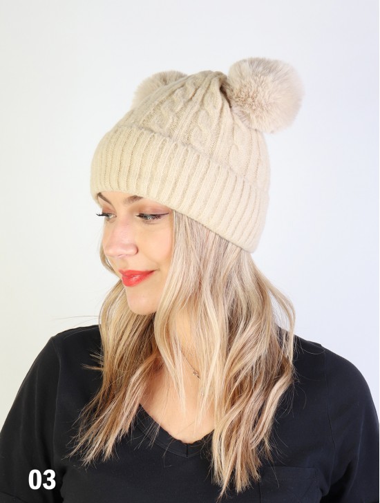 Double Pom Pom Knitted Hat (Plush Inside)