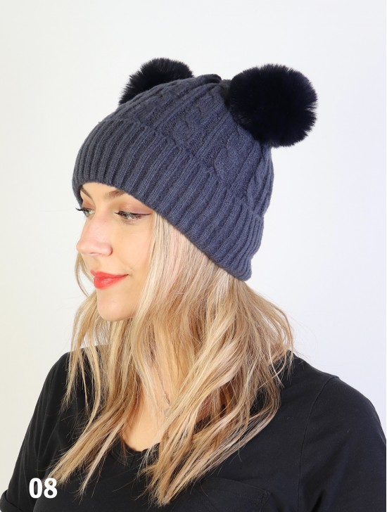 Double Pom Pom Knitted Hat (Plush Inside)