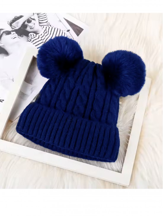 Kids Double Pom Pom Knitted Hat (Plush Inside)