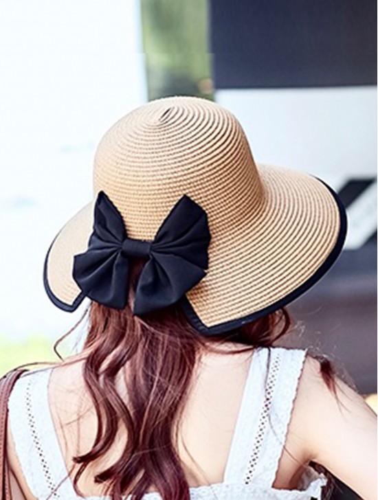 Wide Brim V-Back Summer Hat W/ Ribbon Bow 