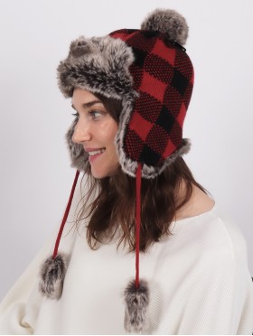 Buffalo Plaid Fur Hat W/ Pompoms