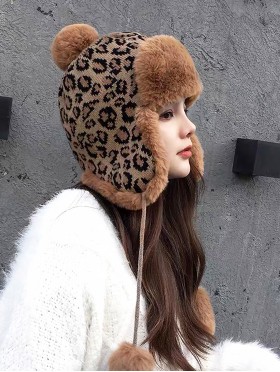 Warm Fur Leopard Print Knitted Hat W/ Ear Flaps & Fur Tassels