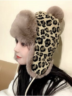 Warm Fur Leopard Print Knitted Hat W/ Ear Flaps & Fur Tassels